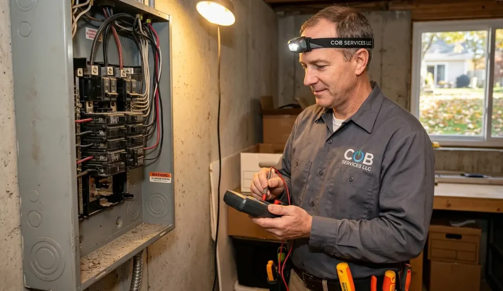 residential electrician checking an electrical panel